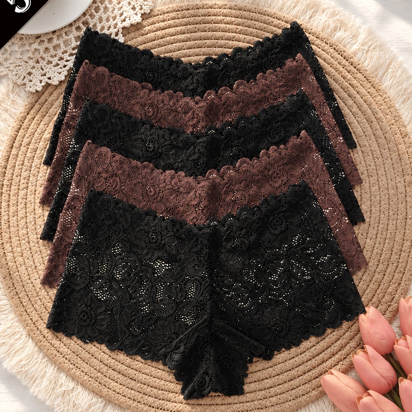 TEMU Lot de 5 culottes élégantes en dentelle florale Yincoco pour femme - Culottes douces et respirantes à taille moyenne, adaptées sous-vêtements