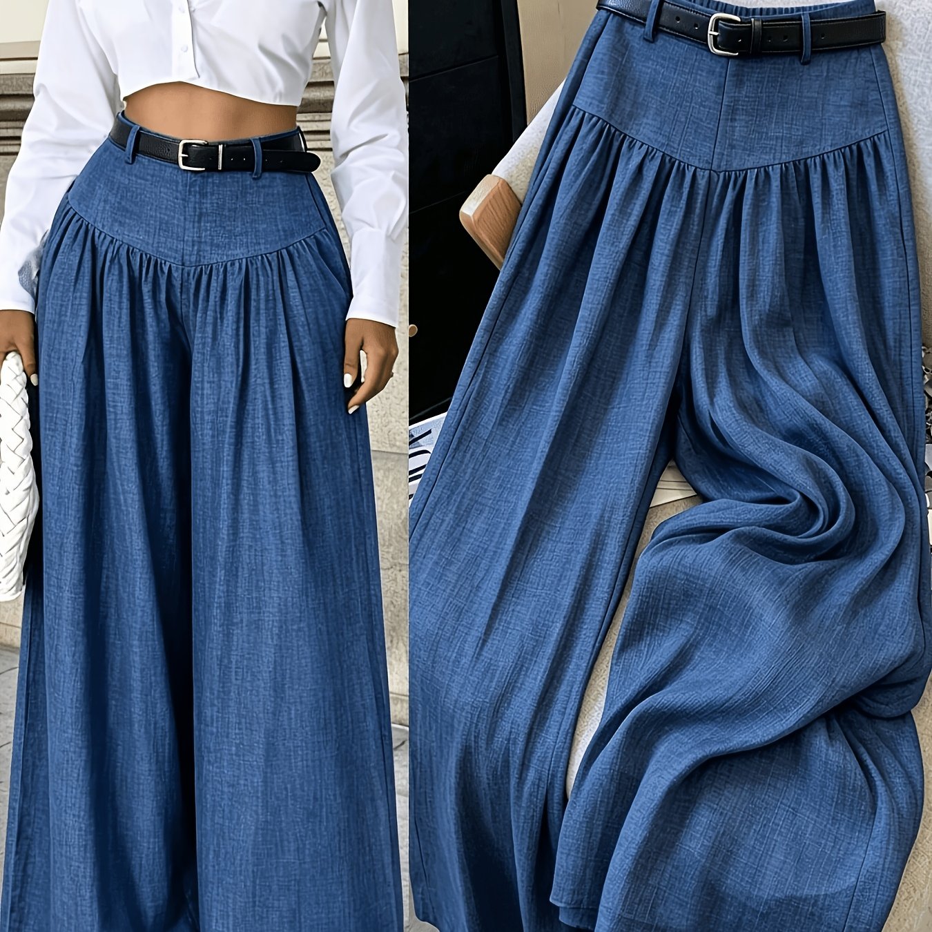 TEMU Women's Commuter Elegant Flowy Wide-leg Trousers, Textured Fabric, Suitable For Work And Casual Wear