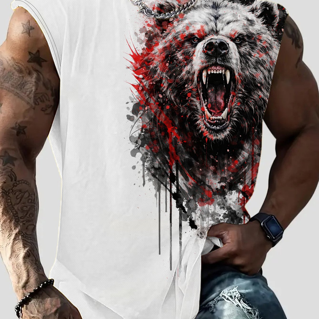 Men's Plus Size Wide - Strap Tank Top, Splash Ink Print, Loose & Breathable, Suitable For Fitness & Casual Wear, Street Fashion Style, Trendy Sleeveless Shirt, Designed For Big - Size Men, Plus Size