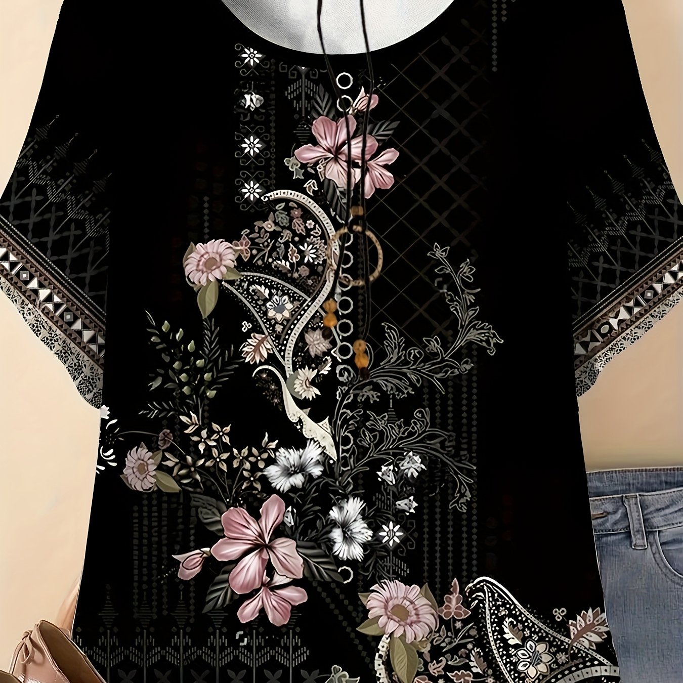 TEMU Grande Taille - Grande Taille - T-shirt Bohème Floral Grande Taille pour Femmes - Haut Décontracté à Manches Courtes et Col Rond avec un Design