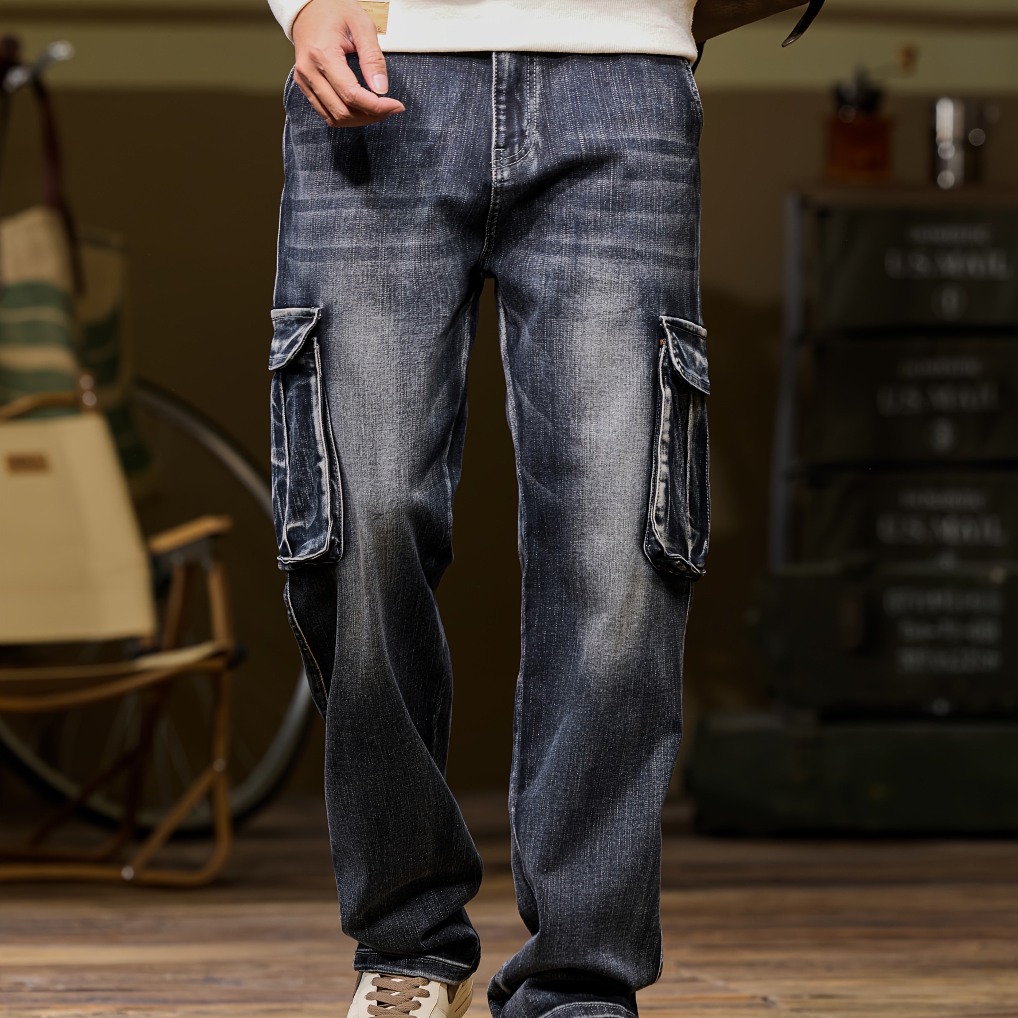 Image of Plus Size Men's - Fashion Multi-pocket Cargo Pants, Straight Fit, Loose Fit, Design, Stretch Denim Fabric, Bleached Anti-tear Non-shrink, Unisex For Men And Couples, Casual Outdoor Trousers