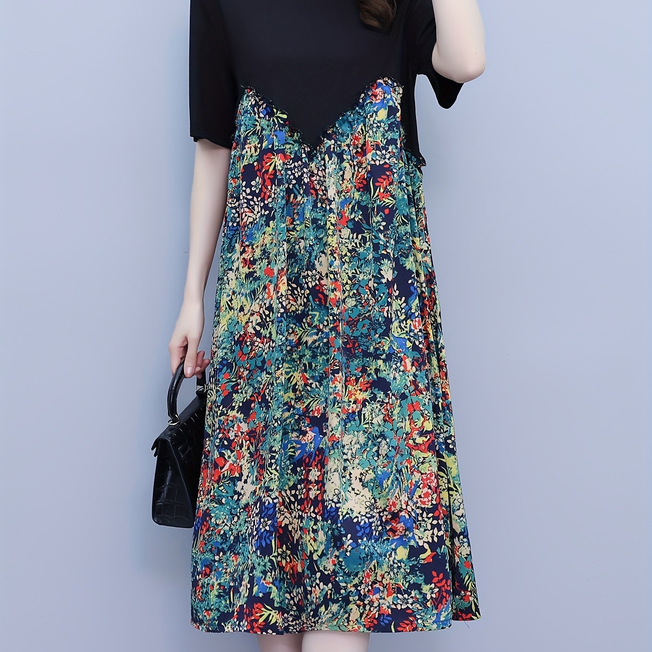 Plus Size Floral Print Splicing Dress Casual Crew Neck Short - Temu ...