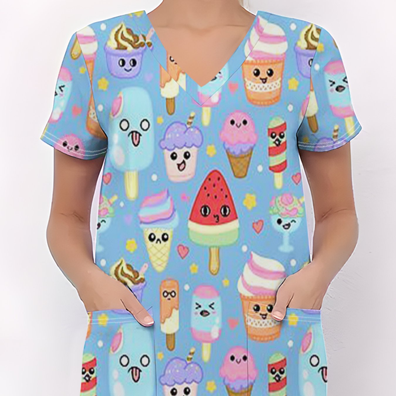 TEMU Uniforme de enfermera de moda con cuello en V y manga corta con bolsillos | de dibujos animados, estilo casual transpirable, para todas , tejido