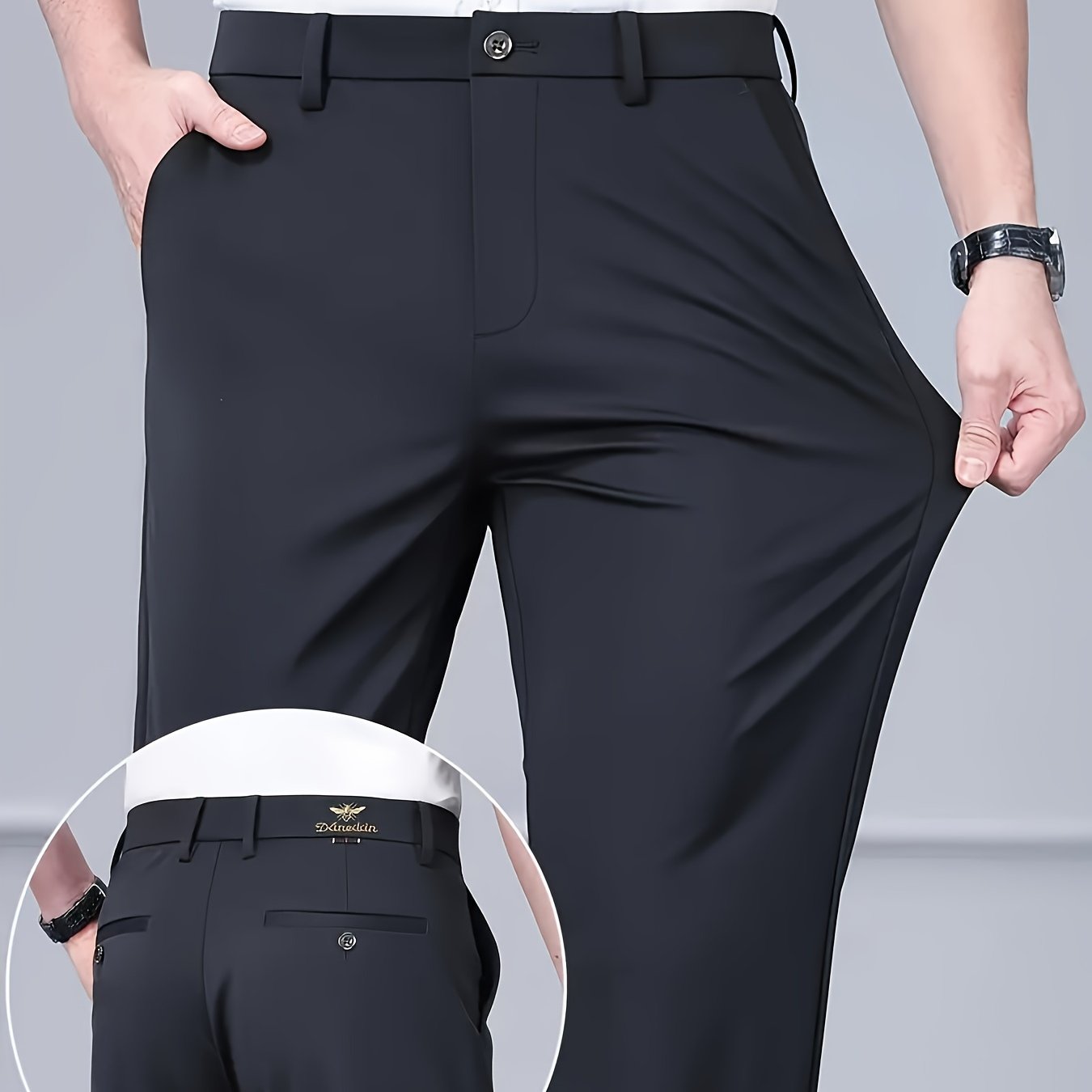TEMU Men's Anti-wrinkle Casual Dress Pants | Mid-waist Straight-leg Bee Embroidery Professional Trousers | 2026 New Style | Breathable And Stylish,