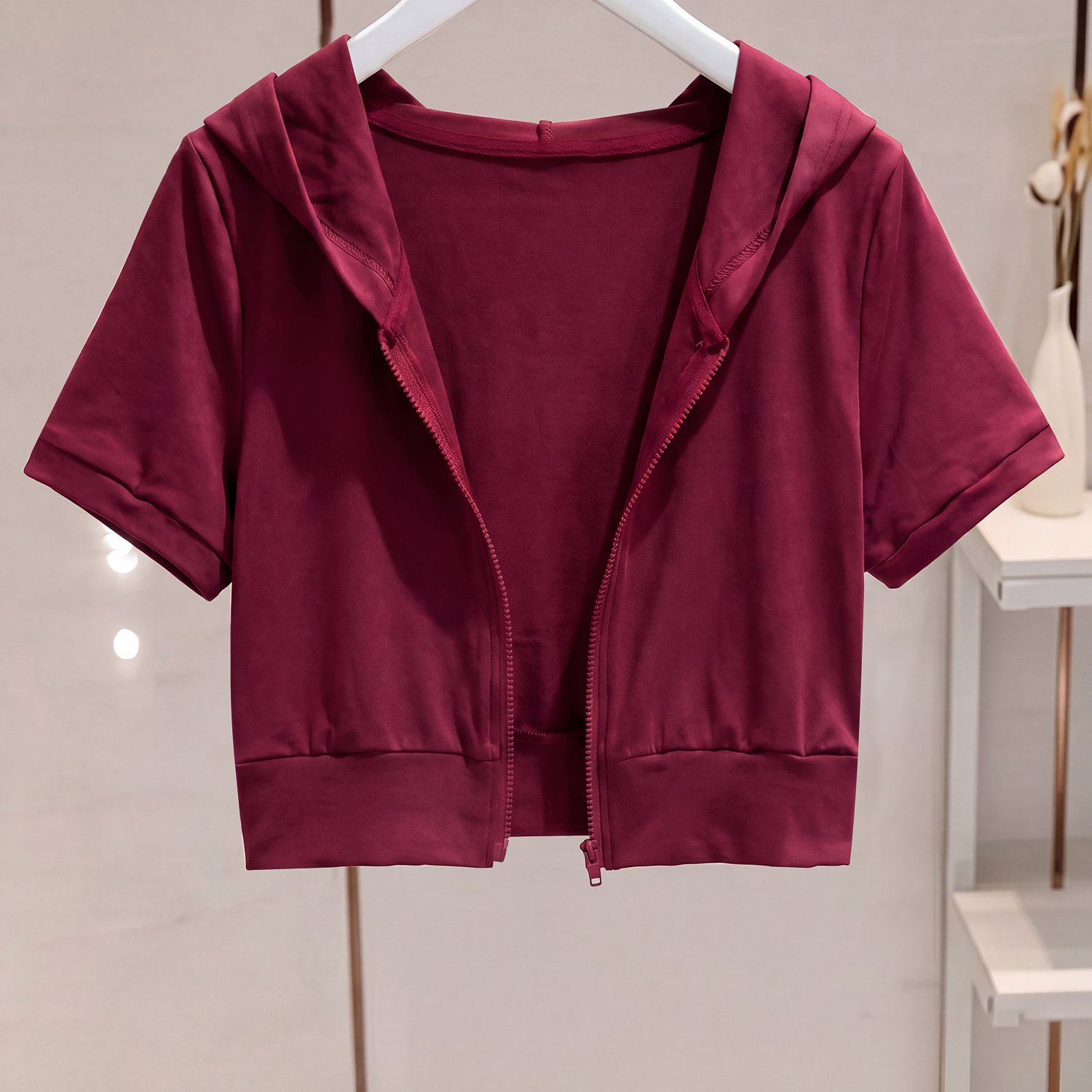 TEMU European And American-style High-end Slim-fit Cropped Hooded Short-sleeve Cardigan, Full-zip Waist-revealing Solid , Soft And Draping Fabric,