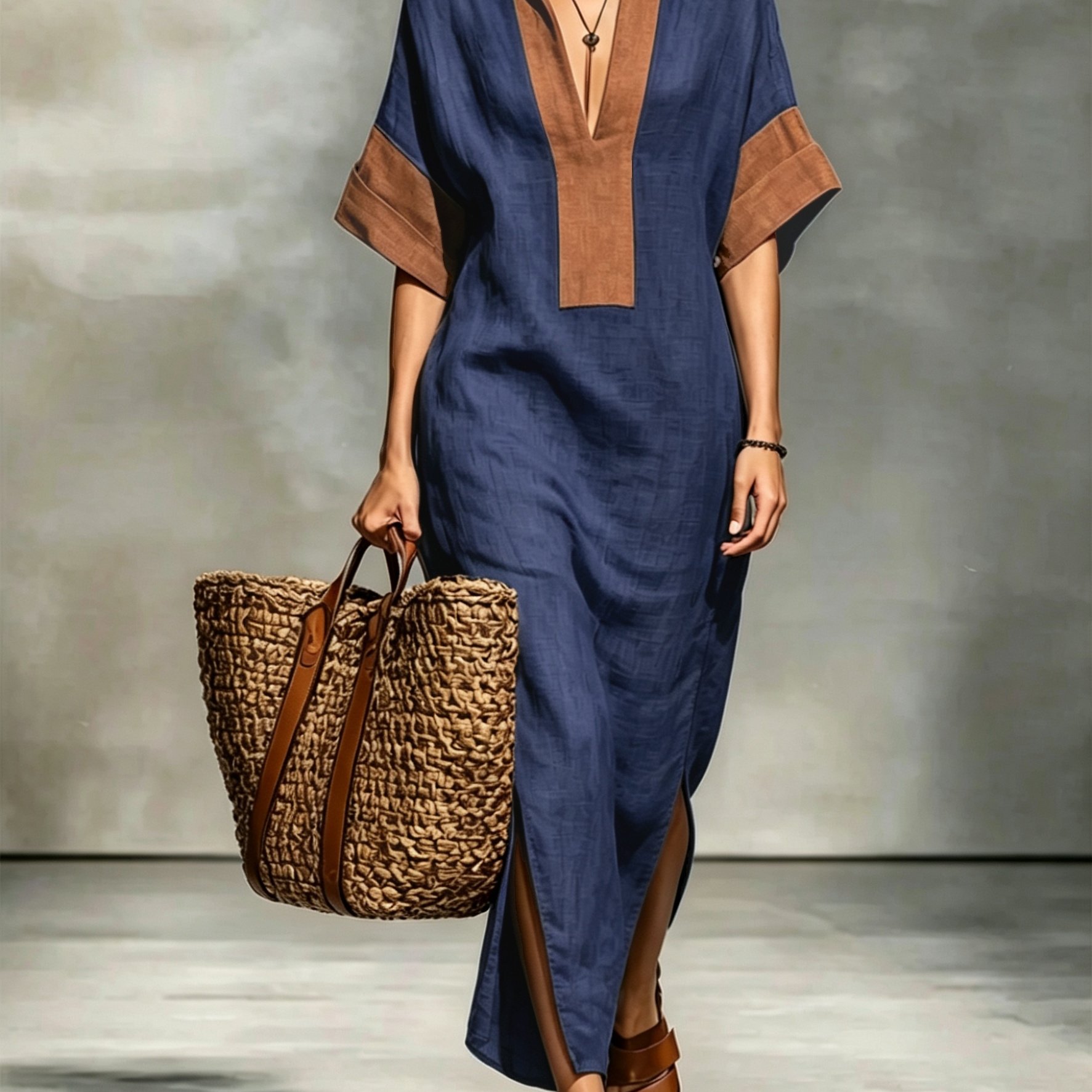 TEMU Women's Relaxed Summer New Arrival Color-block High-end V-neck Dress That And Lengthens The Figure, Enhances Neckline, Beach Vacations, Summer