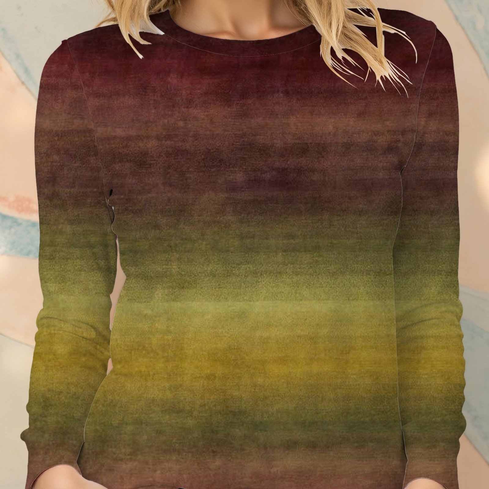 TEMU [printed Design - No Texture] Women's Round Neck Long Sleeve Top, -green Gradient Striped Long Sleeve T-shirt, Nostalgic Atmosphere Loose Daily
