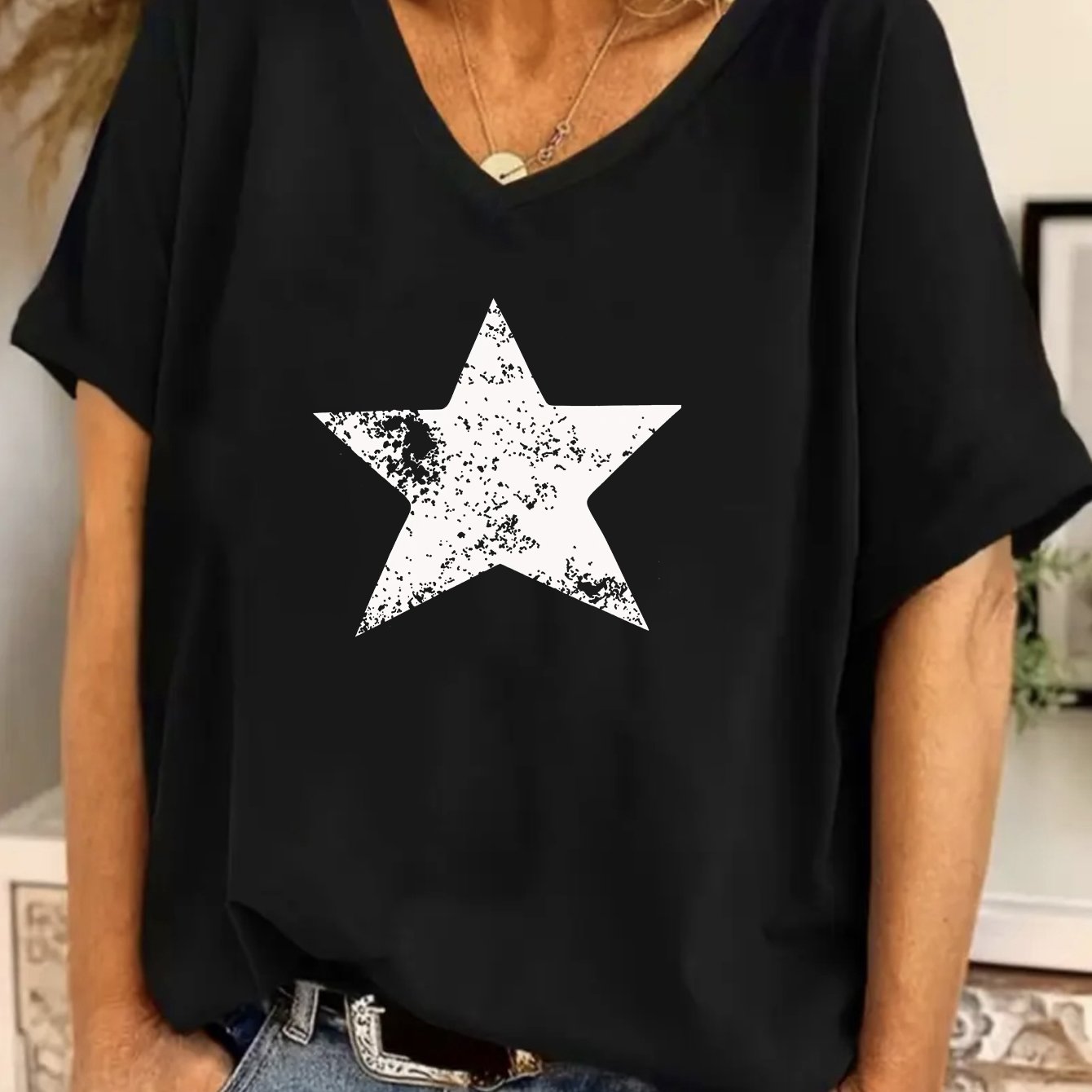 TEMU Plus Size Women 1-8xl V-neck T-shirt Loose Casual Short Sleeve Versatile Top With Distressed Print Daily Casual Tee