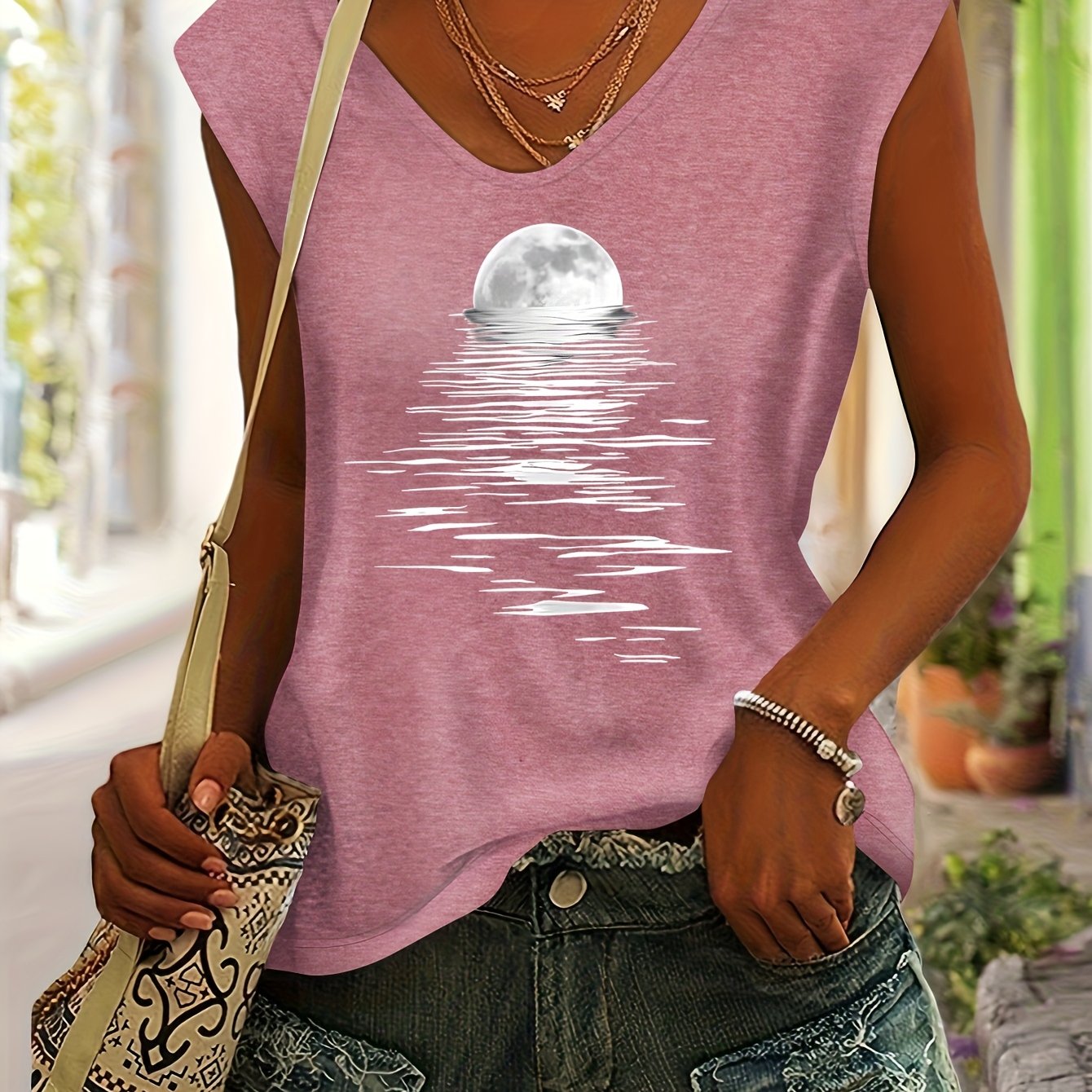 TEMU Sea Rising Moon Pattern Sunrise Print European And American Women's Top Spring Summer Fashion Versatile Beach Vacation Casual Color V-neck Short