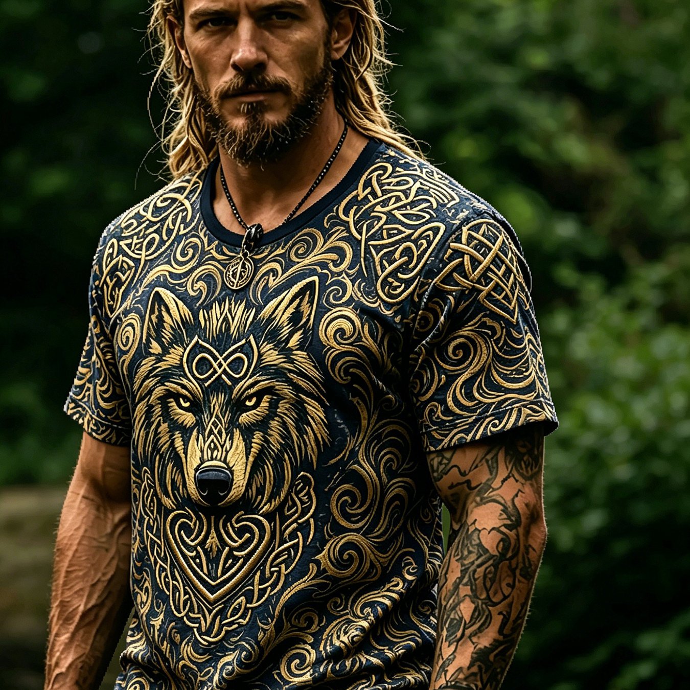 TEMU - Men's T-shirt With Viking Wolf , Short Sleeve Round Neck Top, Retro Tribal Style Men's Clothing, Casual Streetwear For Daily , Individual