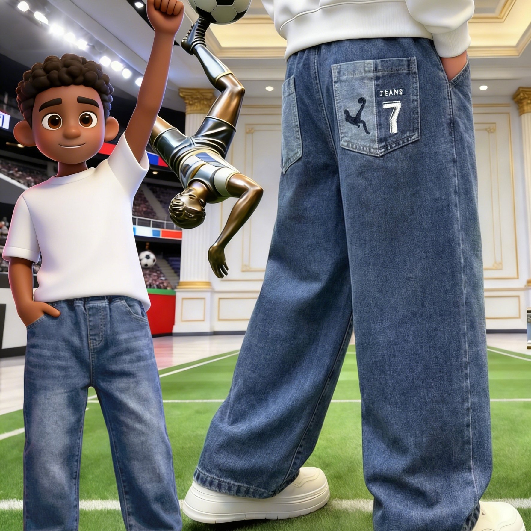 Image of Boys' & Girls' Denim Jeans Pants With Soccer-themed Embroidered Back Pocket - Jersey Design, Machine Washable Washable Suitable For, & Casual Attire - Clothing, Regular Fit, Sporty Style, For Sports