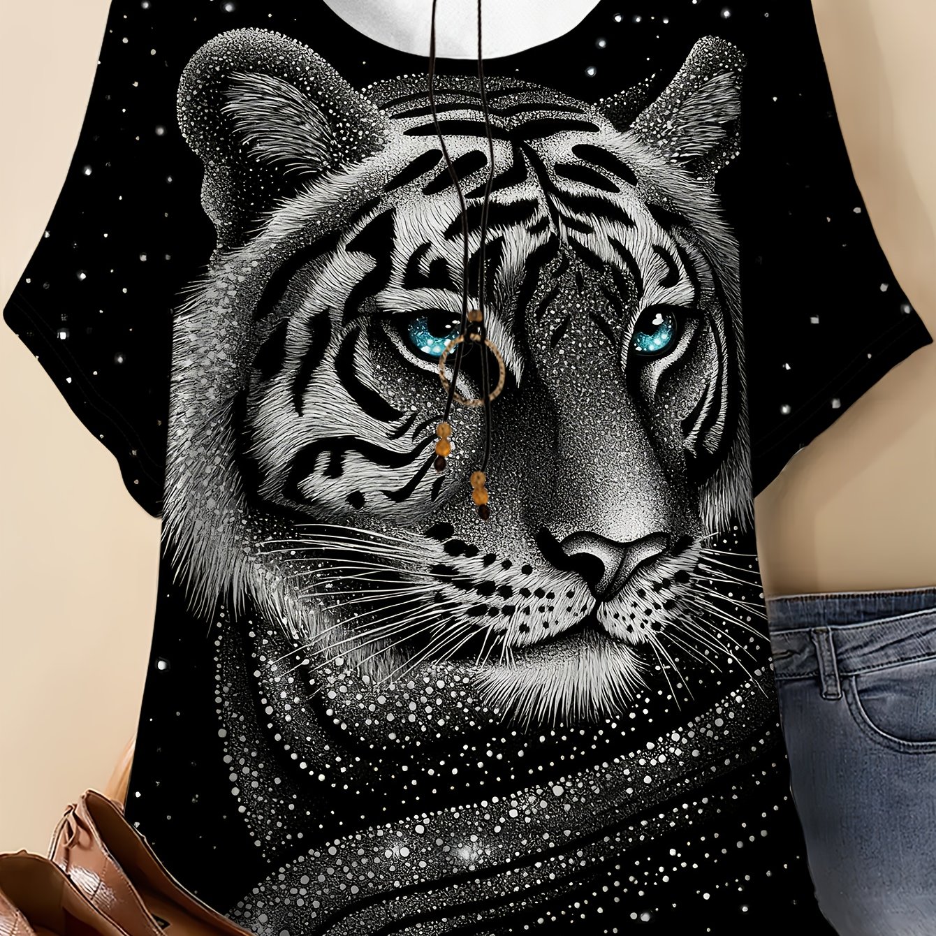TEMU Plus Size, Plus Size Women's Animal Print T-shirt- Tiger Pattern, Casual Round Neck Short-sleeved Gray Summer Top, Suitable For Vacation Wear,