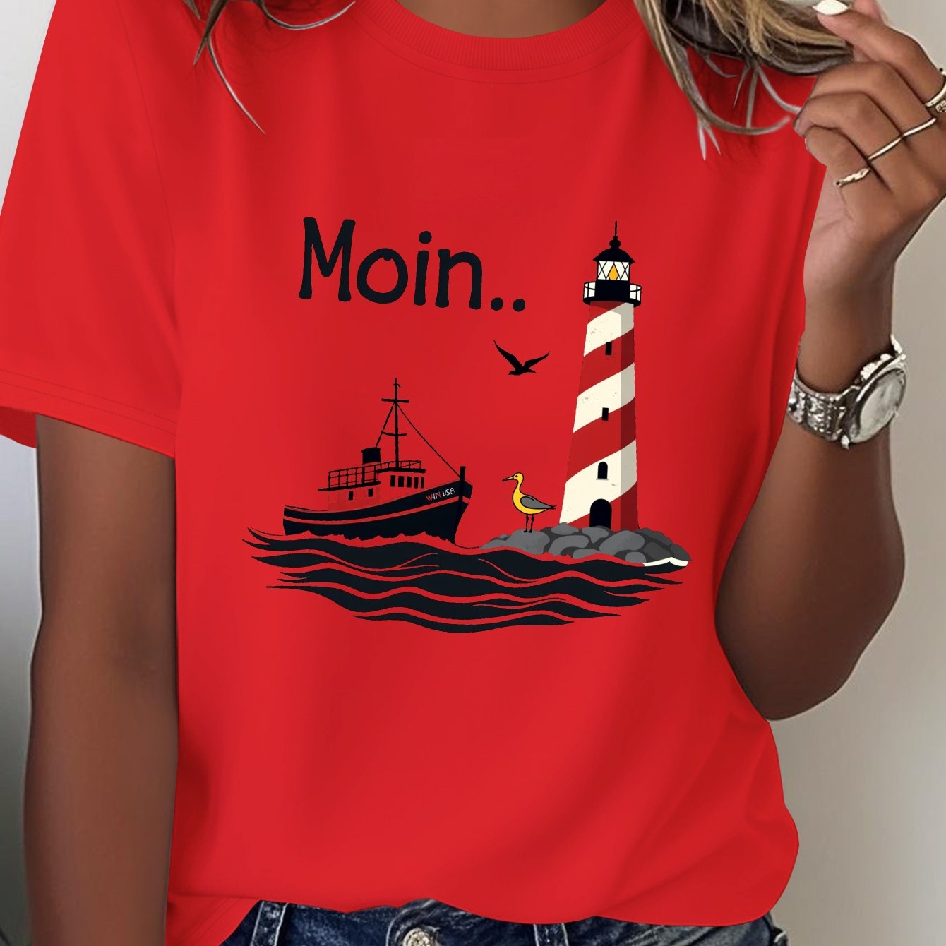 Plus Size, Moin Maritime Illustration Reines Damen T-shirt Bequemer Sitz