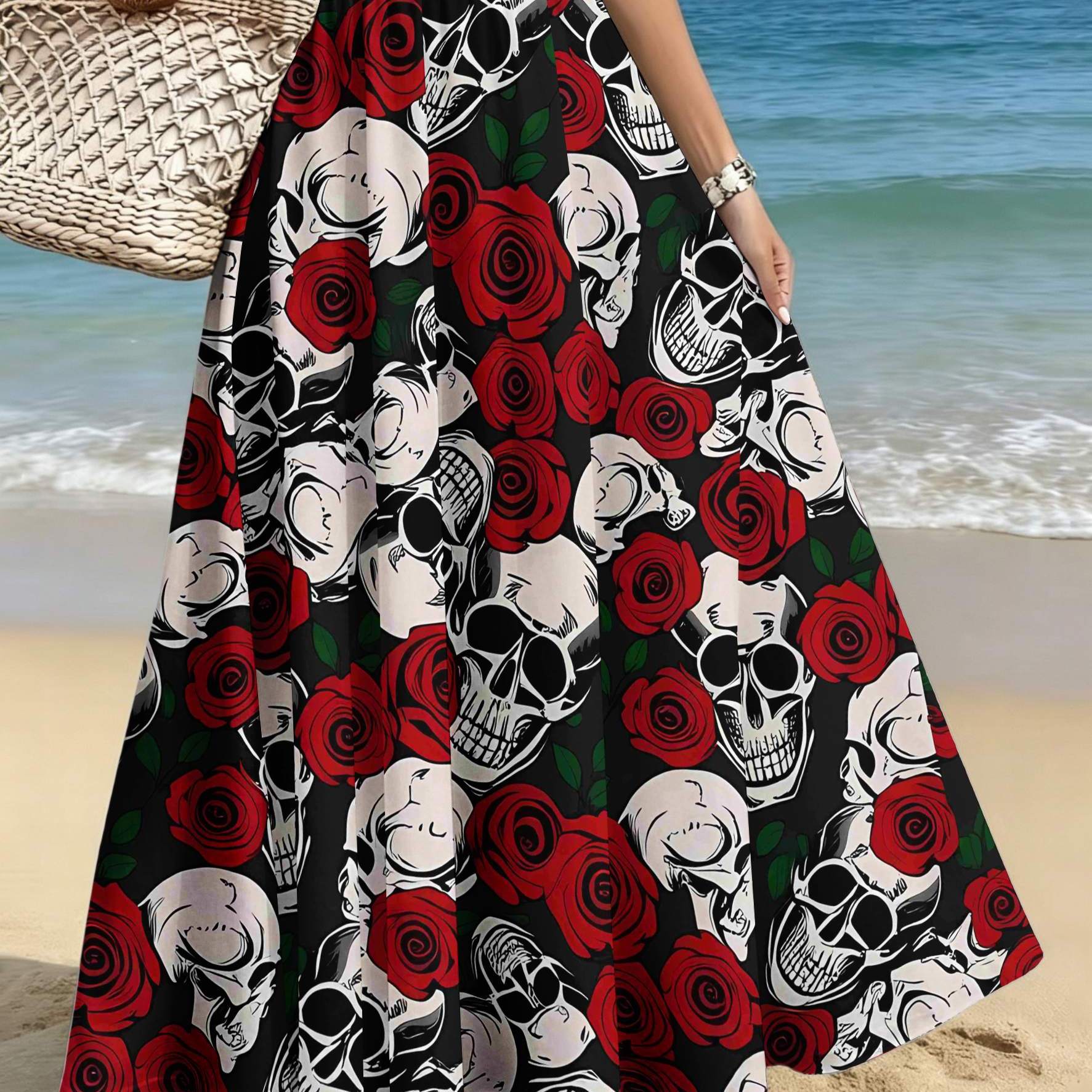 TEMU Plus-size Women's Elegant And Stylish Midi Skirt, Casual Printed Midi Dress, Skull And Rose Black Background Textured Print,