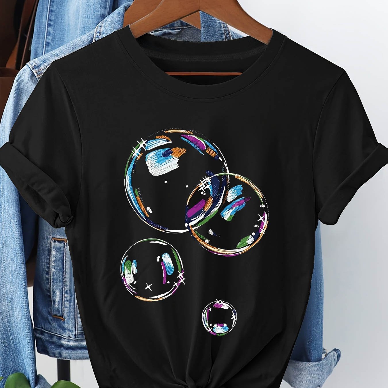 Image of Plus Size - Women's Multicolor Bubble Art Plus Size T-shirt - , Pure, Short Sleeve Crew Neck Casual Tee, Lightweight Breathable Spring Summer Blouse For Women