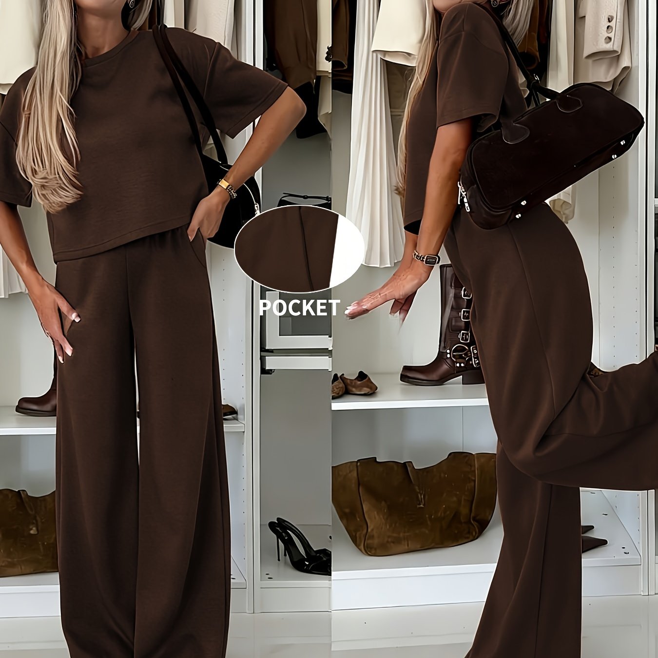 E-shop Damen-Set 2026, 2-teilig, europäischer amerikanischer französischer Stil, Kurzarm-Top für Frühling/Herbst + mit weitem Bein, lockeres