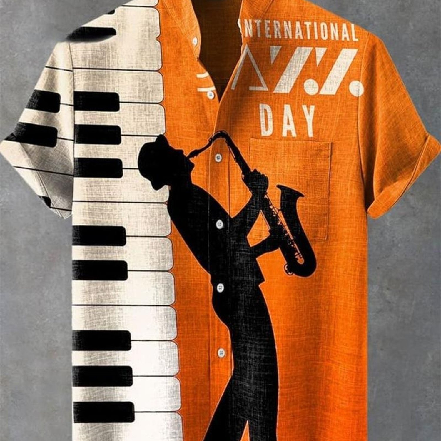 TEMU Men's Casual Button- Collar Pocket Shirt, Musical Theme Piano And Saxophone Print, Mixed Color, Multiple Specifications , Polyester Fabric,