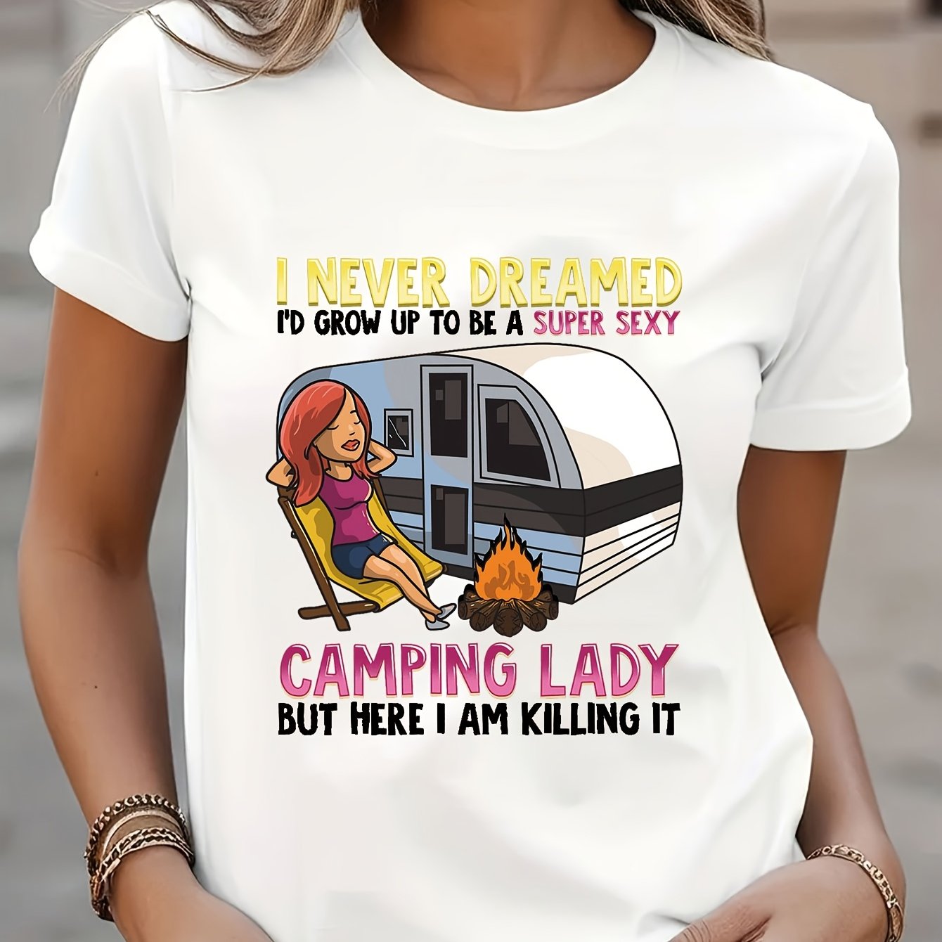 TEMU Camping Enthusiast Graphic Print Crew Neck T-shirt Casual Everyday Top Women's Clothing