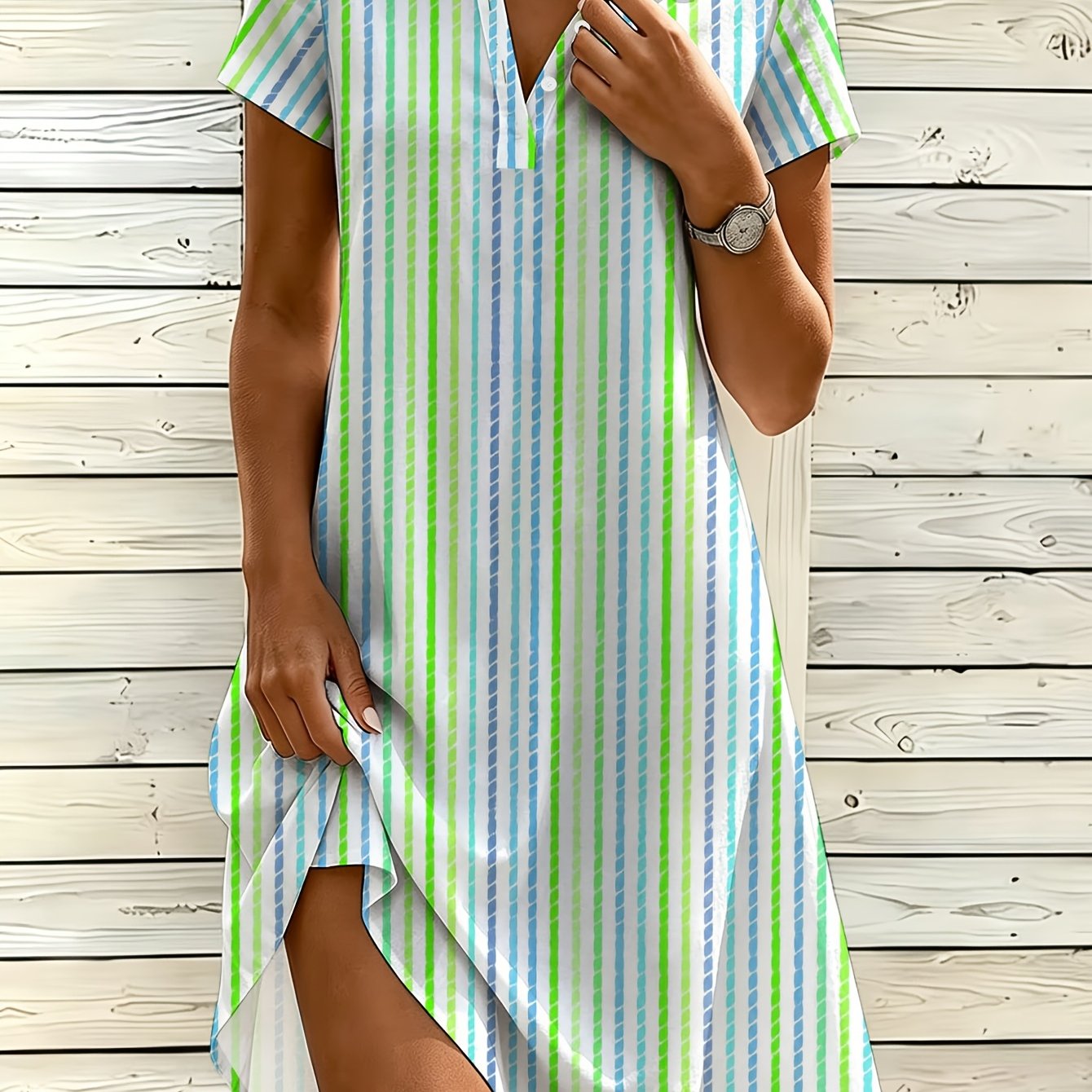 TEMU Plus Size - Plus Size - Women's Fashion Shirt Dress, V-neck Button Dress, Colorful Small Stripe Print