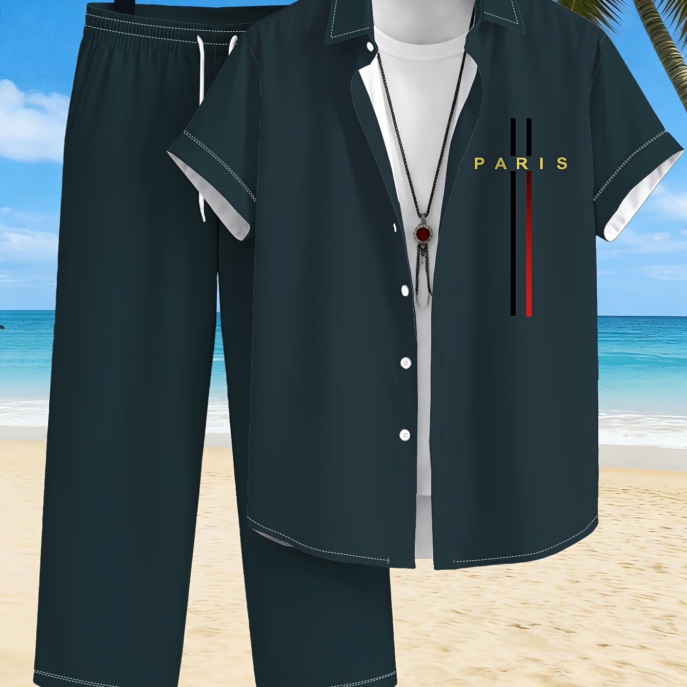 TEMU New Summer Men's Short Shirt And Long Pants Set, Loose Fit, Versatile, Trendy, Casual, For Beach Vacation And Commuting, 2pcs Set