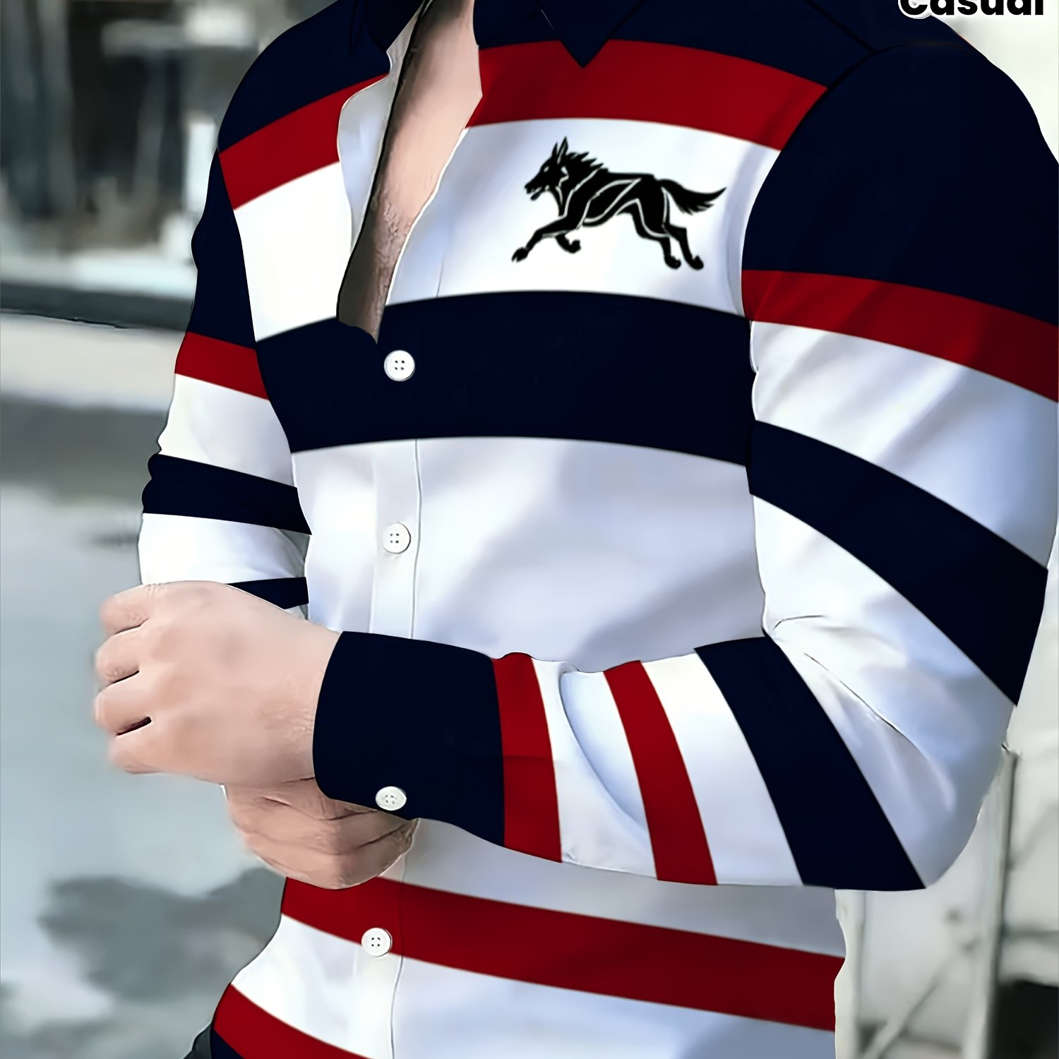 TEMU [print Design- Not Textured]striped Color-block Long-sleeve Shirt, Men's Fashion Casual Top, Patterned Design, Plus Size