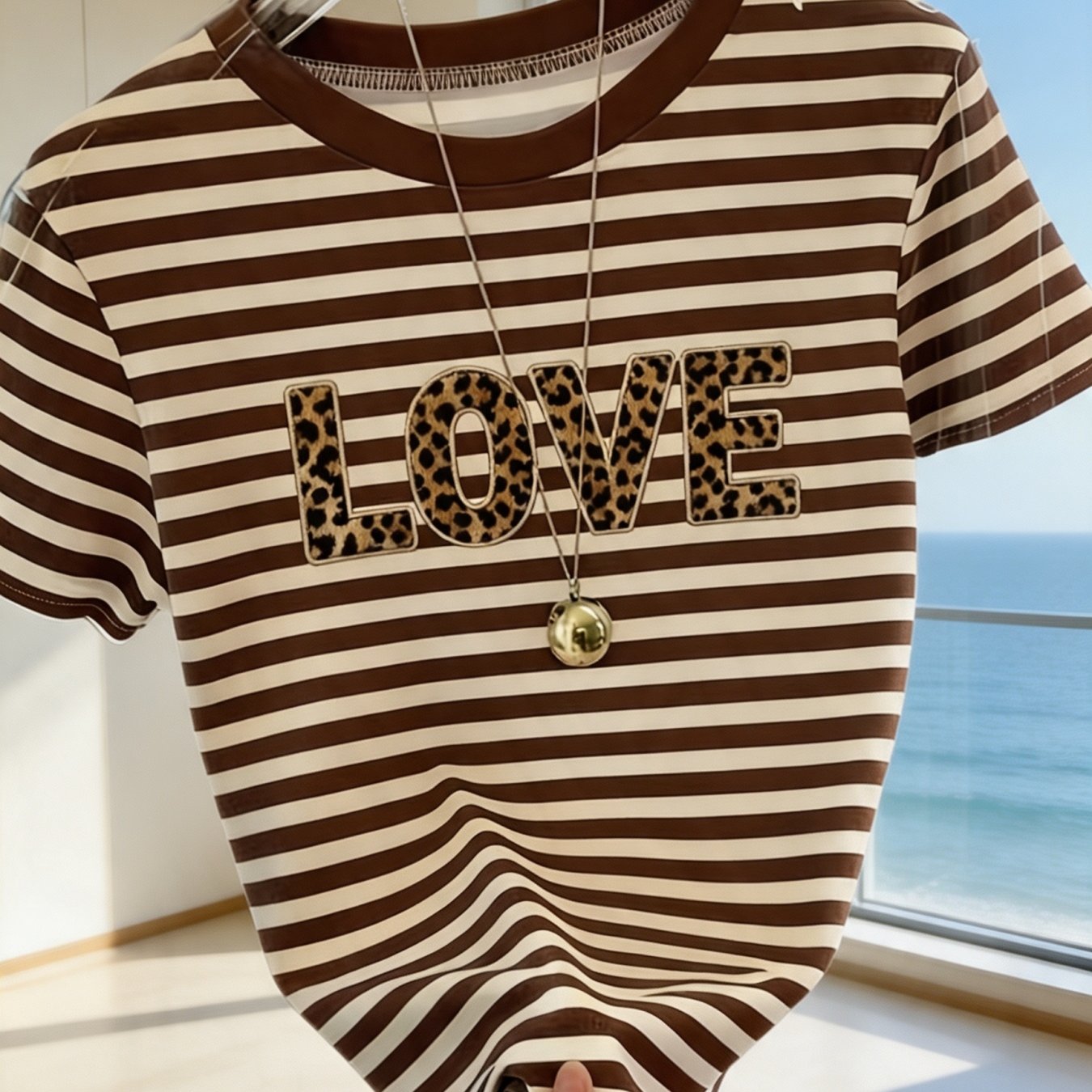 TEMU Women's Summer Print Letter "love" And Brown White Striped Pattern Printed Casual Short Sleeve T-shirt, Comfortable Skin-friendly Breathable,