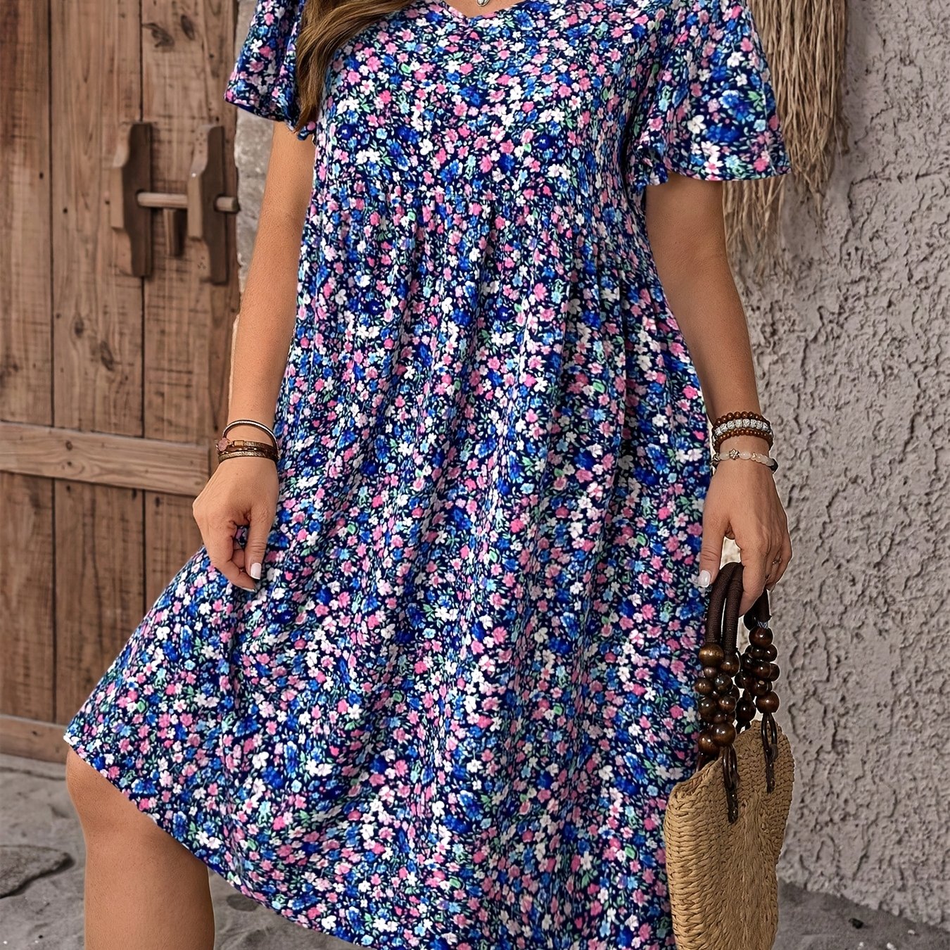 TEMU Plus Size, Plus Size Women's V-neck Short Sleeve Ruffle Floral Dress, Summer Floral Dress, Women's Short Sleeve Summer Dress, Summer Dress,