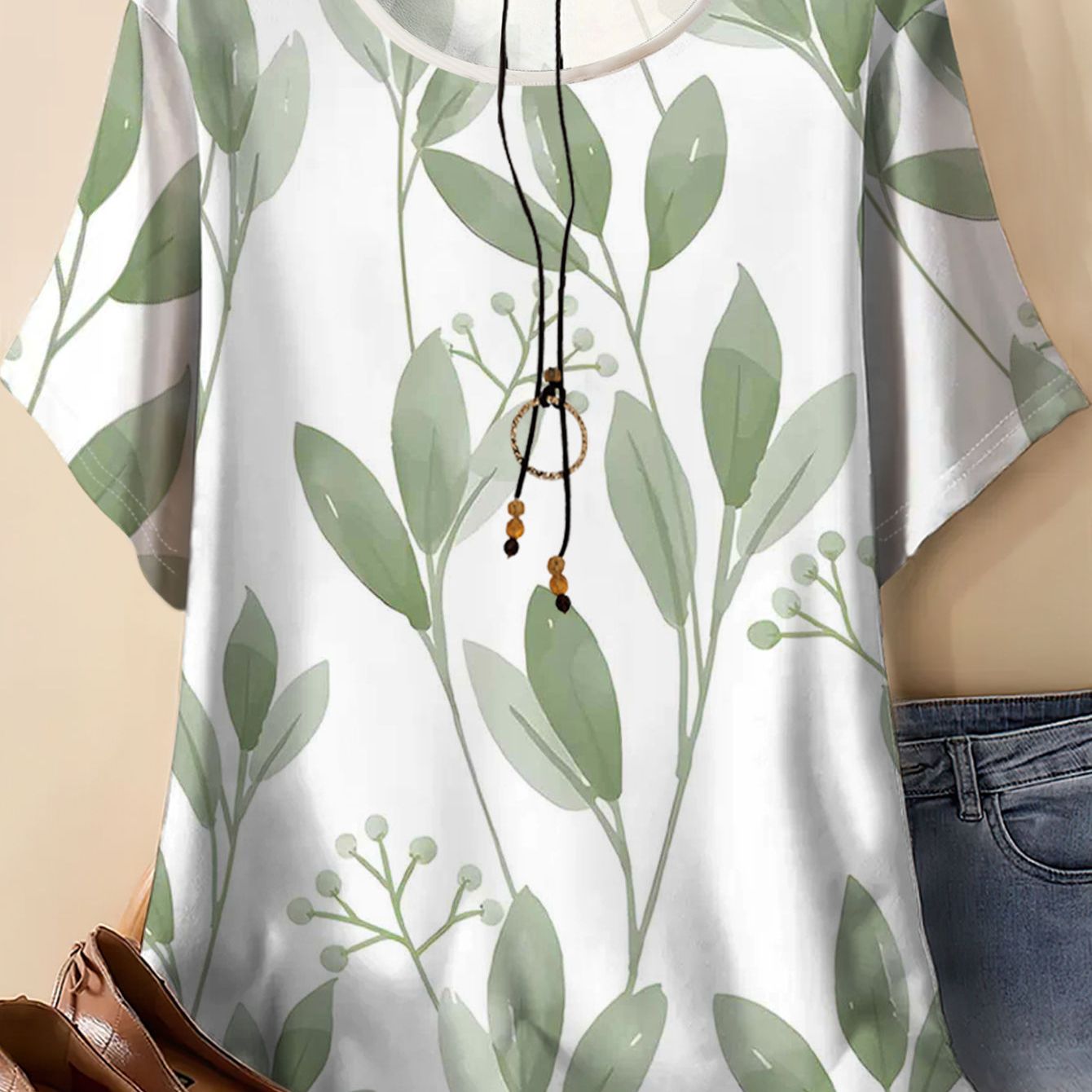 TEMU T-shirt da donna taglie forti oversize a maniche corte - Camicetta a con stampa di foglie , T-shirt traspiranti casual a vestibilit� adatte per