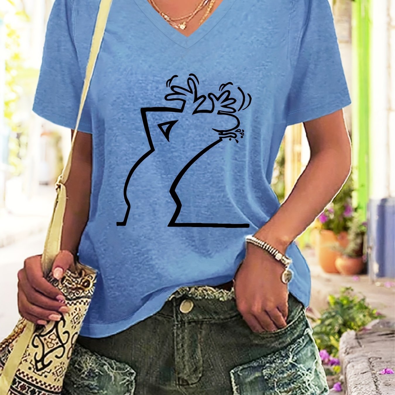 TEMU Plus Size - Plus Size - Neues Sommermode Plus-Size Damen Blaues V-Ausschnitt Bedrucktes T-Shirt