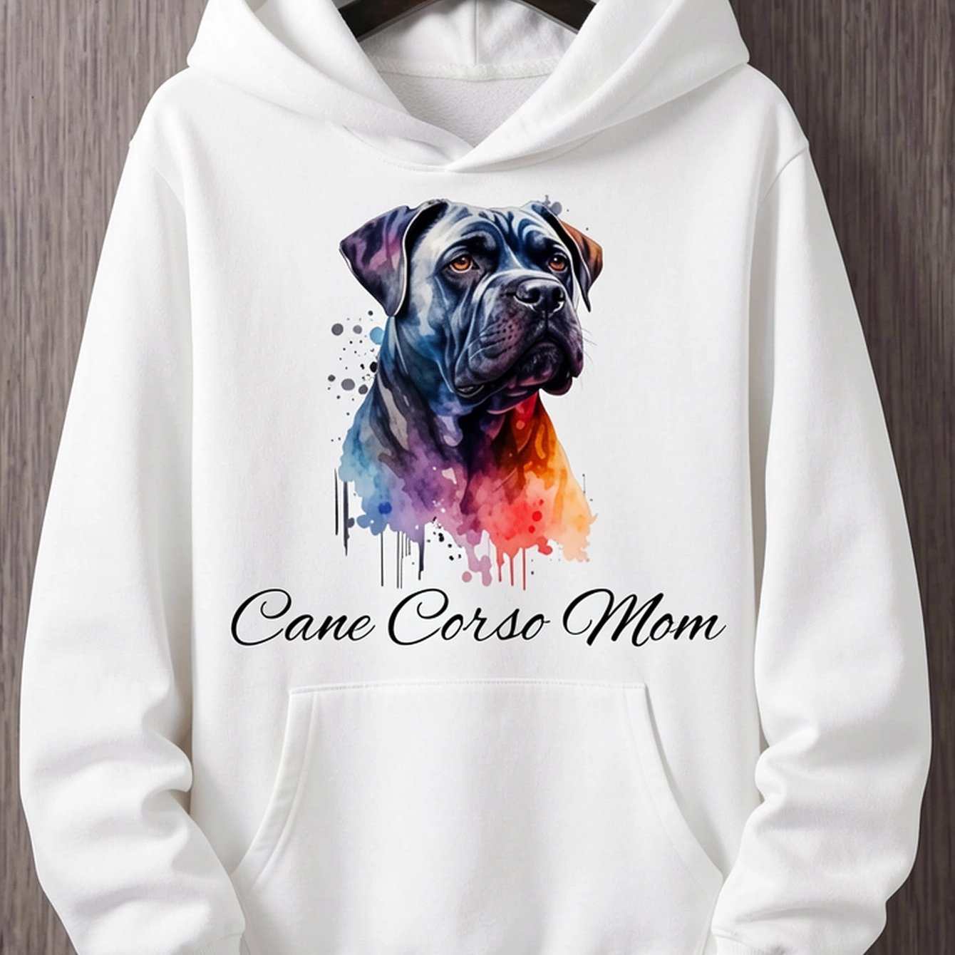 Image of Mom Dog Graphic Hoodie, Unisex Hooded Sweatshirt, Long Sleeve Pullover With Drawstring Hood And Kangaroo Pocket, Colorful Watercolor Dog Print, Casual Streetwear For Fall Winter Daily Wear