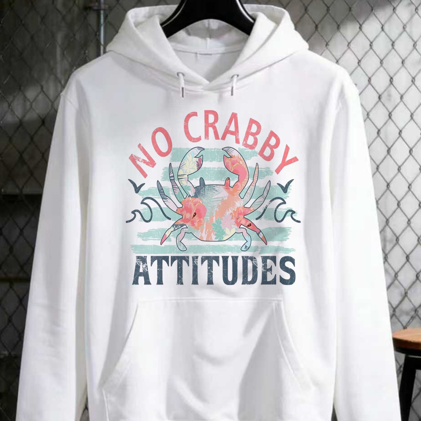Vintage Style Distressed Text Colorful Crab | No Pastel Colors Handdrawn Whimsical Motivational Design Street Trending Style Casual Love Lover Hoodie Men's Comfortable Round Neck Long Sleeve