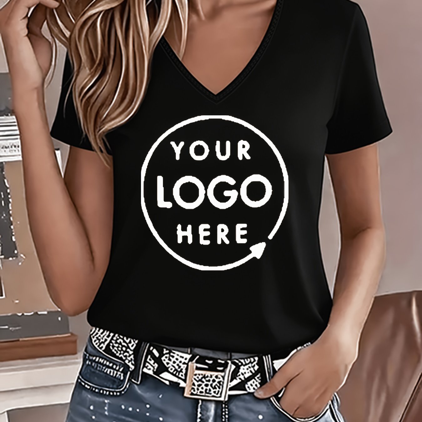 TEMU T-shirt personnalisé à col en V pour femme, haut imprimé polyvalent décontracté et tendance