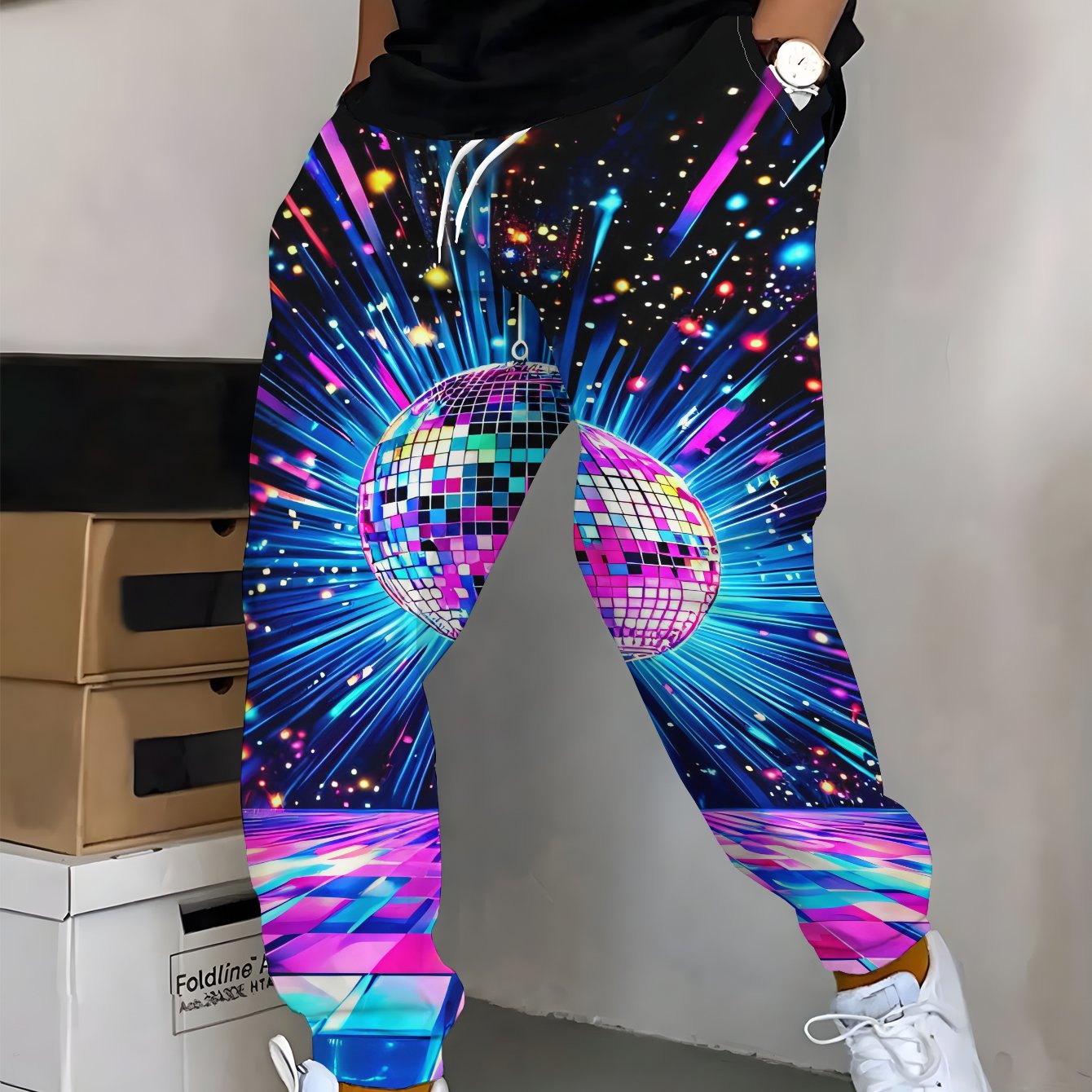 TEMU Men's Fashion Printed Jogger Pants - Disco Ball And Colorful Dance Floor Under Lights, With Drawstring And Pockets, Stylish Long Pants, Casual