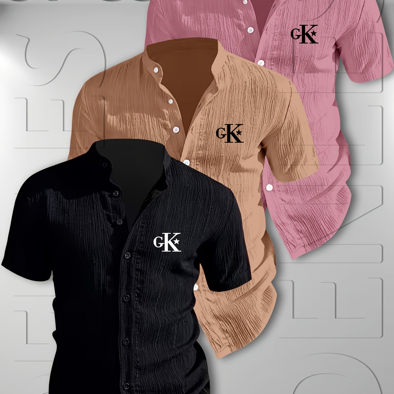 TEMU Men's Summer Short Sleeve Shirt 3pcss Set | Lightweight Breathable Solid Color Button-up Shirts, Letter Print, Stand Collar Design, Suitable For