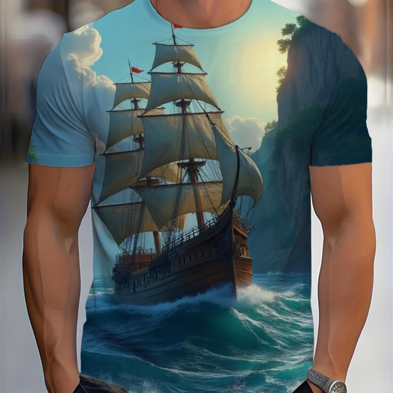 Image of Men's 3d T-shirt Featuring Wooden Sailing Ship On Turbulent Ocean With , Casual Short Sleeve Round Neck Tee For Summer Outdoor Wear