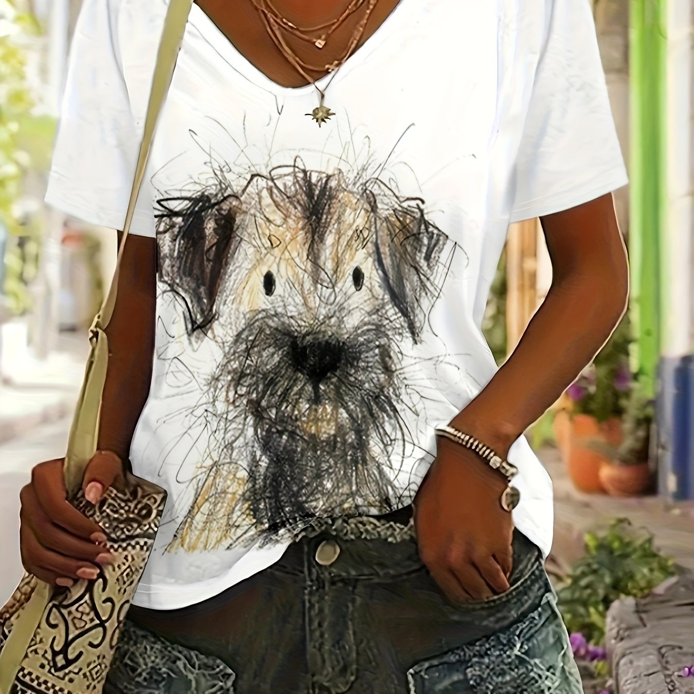 TEMU Camiseta De Cuello En Estampado De Perro, Camiseta Casual De Manga Corta Para Y Verano, Ropa De Mujer