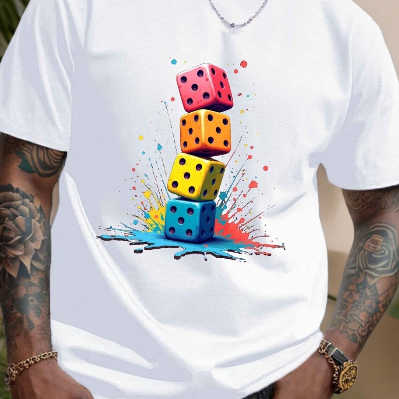 TEMU T-shirt da casual a maniche corte con stampa di dadi impilati colorati e icone da gioco multicolore - Maglietta traspirante a per poker, serate