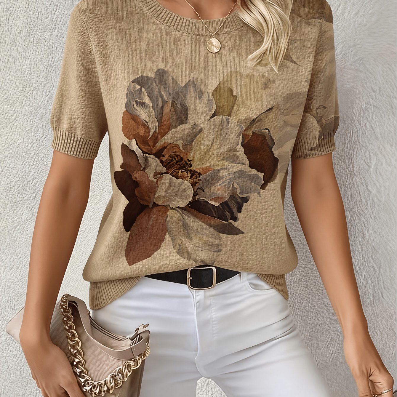 TEMU Spring/summer Easy And Round Neck Short-sleeved Women's Top, No Texture Print, Loose Design, Not Stuffy In Summer, Holiday Daily Casual Fashion