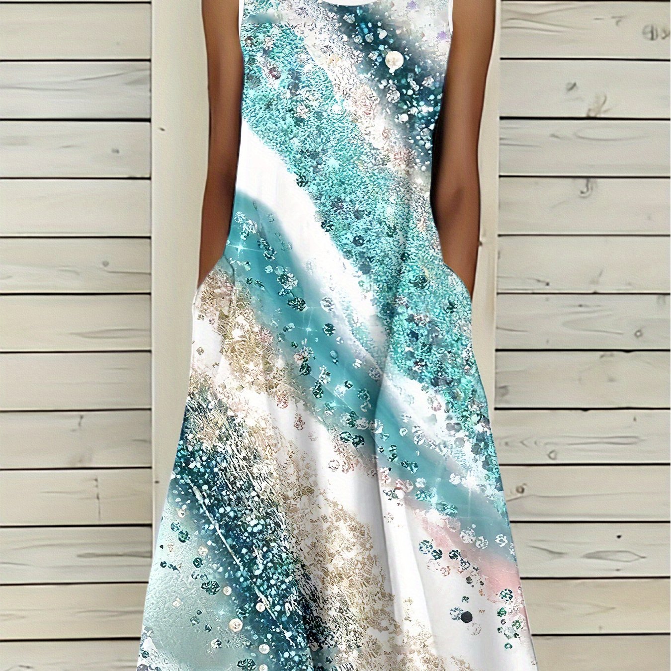 Image of New European And Fashion Casual Sleeveless Pocket Round Neck Printed Tank Dress