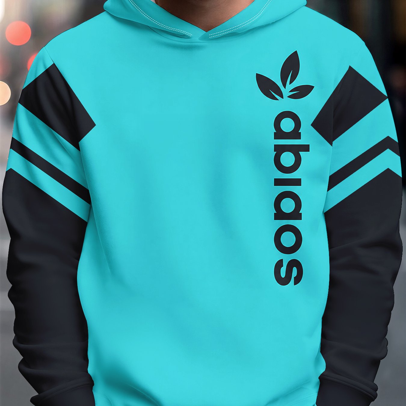TEMU 's 3d Long-sleeve Casual Hoodie, Teal And Black Color-block Leaf Print Hooded Sweatshirt, Stylish Men's Sweatshirt, Top For Daily Wear,