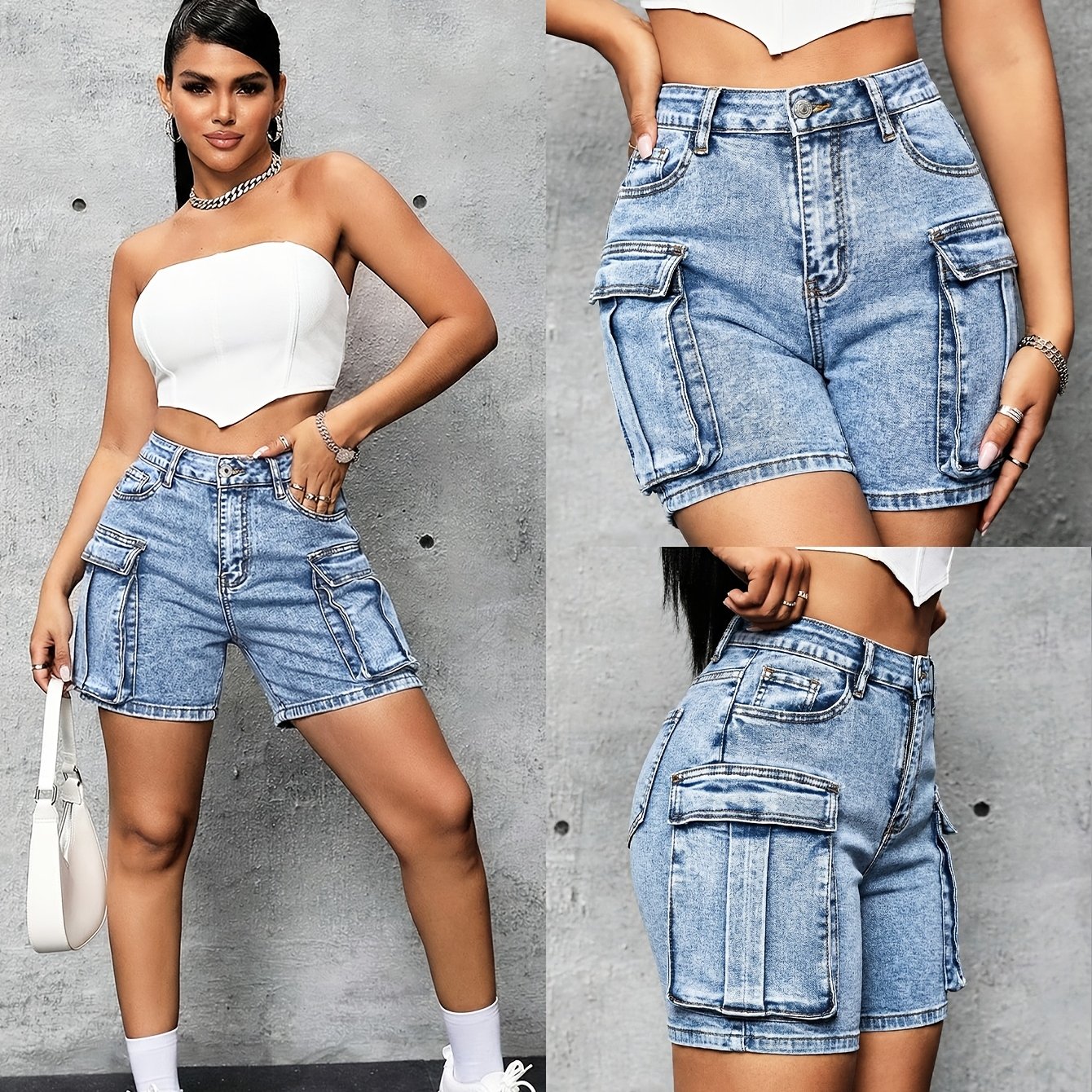 TEMU Women's High Waisted Lift Denim Hot Shorts, Light Blue Multi-pocket Cargo Shorts, Casual Streetwear Style, Great For Daily And Travel