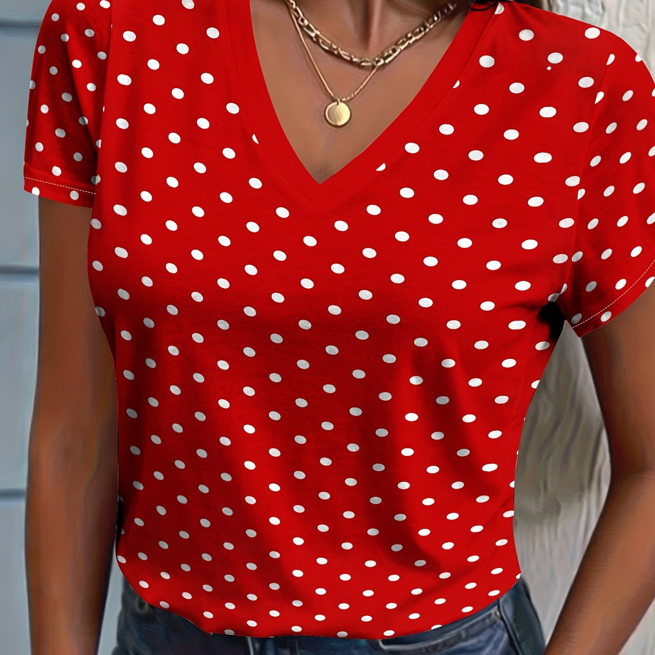 TEMU Red Polka Dot V Neck Short Sleeve T Shirt Women's Summer Casual Top Minimalist Style