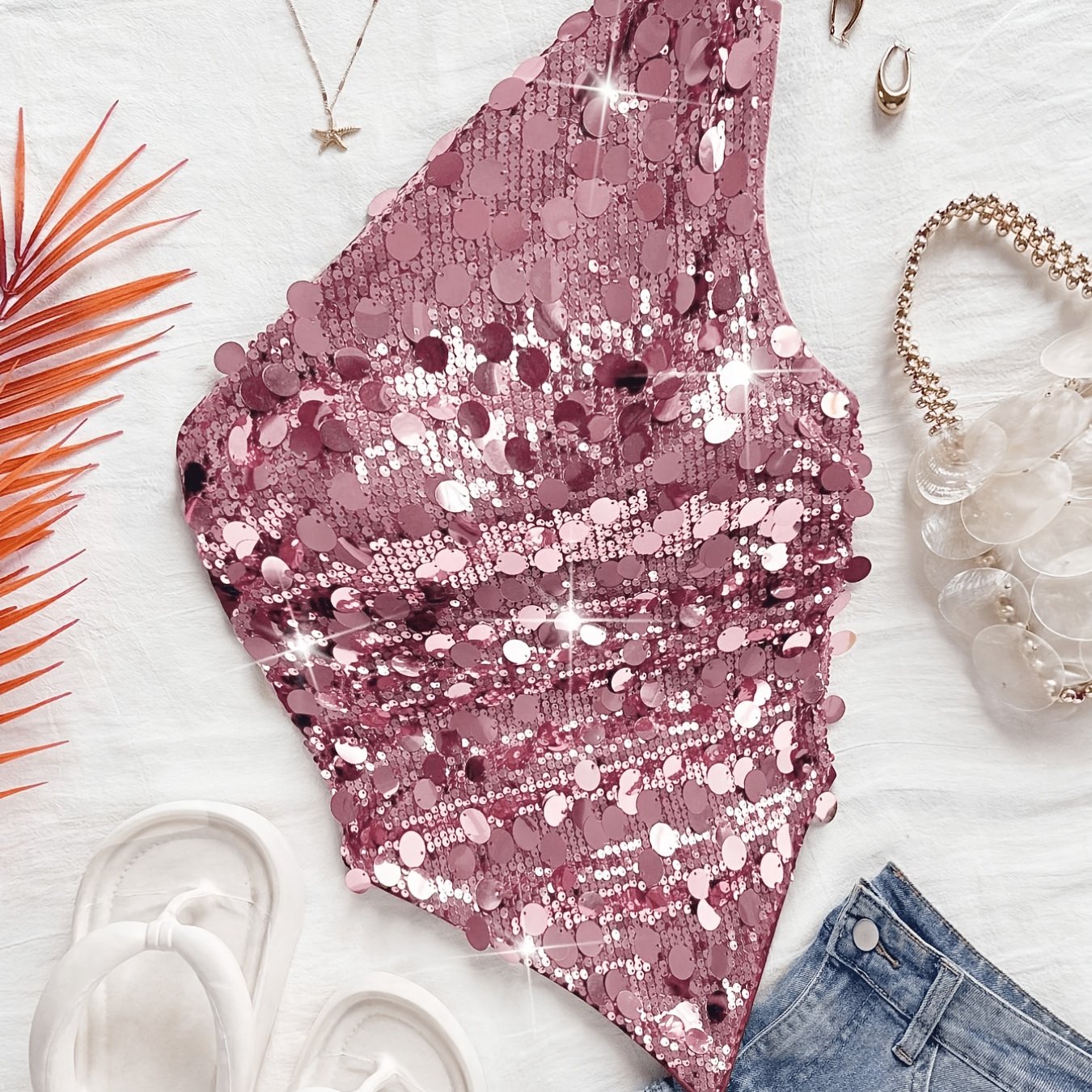 TEMU Women's Asymmetric Sequin One-shoulder Top, Casual And Versatile, Suitable For Vacations, Christmas, Music Festivals, Gatherings, And Parties,