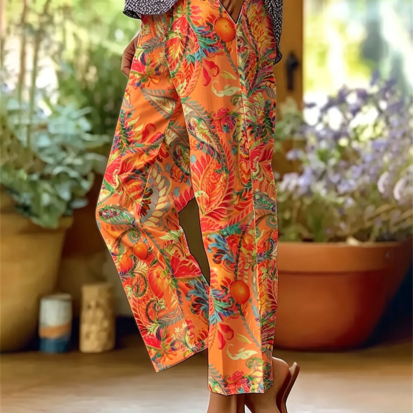 Women's Tropical Leaf Print Straight Leg Pants, High Waist Casual Trousers With , Relaxed Fit Lightweight Pants, Wrinkle Resistant Material For Beach Trips, Vacation And Casual Occasions