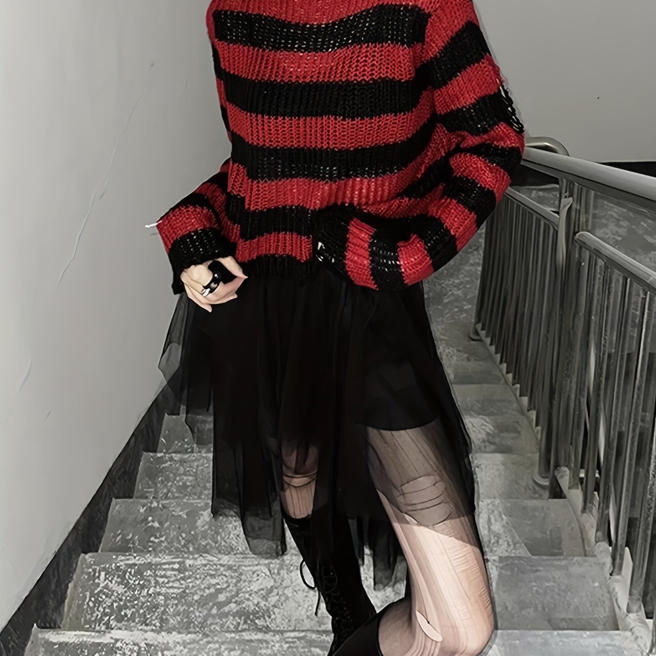 TEMU Gothic Short Ripped Cable Striped Crew Neck Beach Sweater