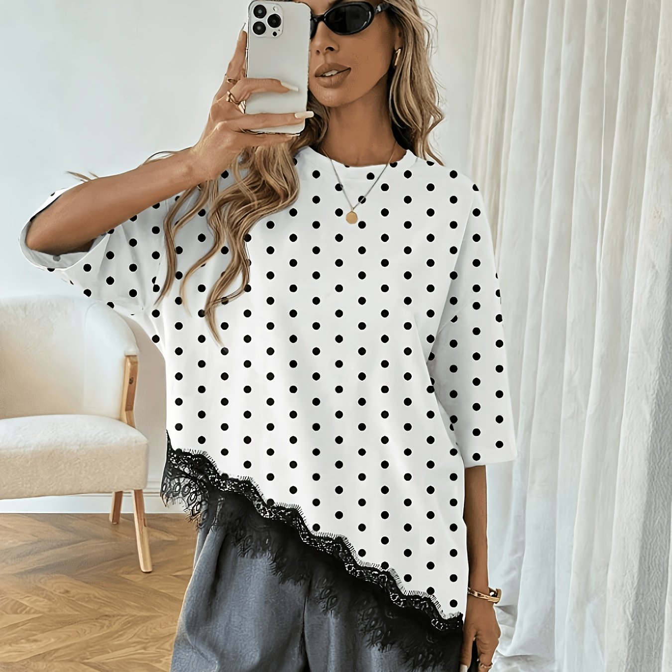 TEMU Women's Y2k Polka Dot Asymmetrical Hem T-shirt With Lace - Stretch Round Neck Blouse-compatible Top For Beachwear, Spring Summer Outfits |