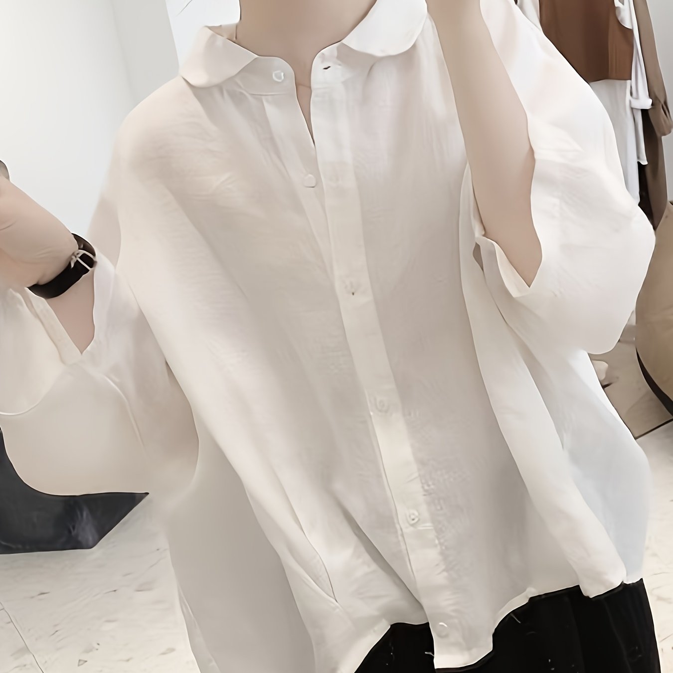TEMU 【商品名】アンド リネン バットスリーブ シャツ。夏用新作半袖ブラウス。ルーズなプラスサイズ レディース トップス。レディース リネン襟カーディガン