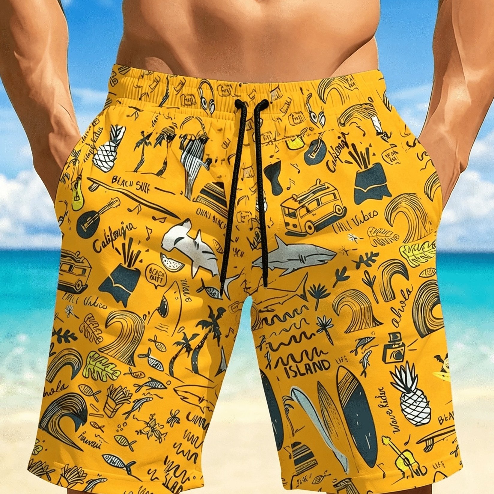 TEMU Pantalones Cortos de Playa Transpirables de Secado Rápido para Hombre, con Diseños Estampados Coloridos, Cintura Elástica con Cordón Ajustable y