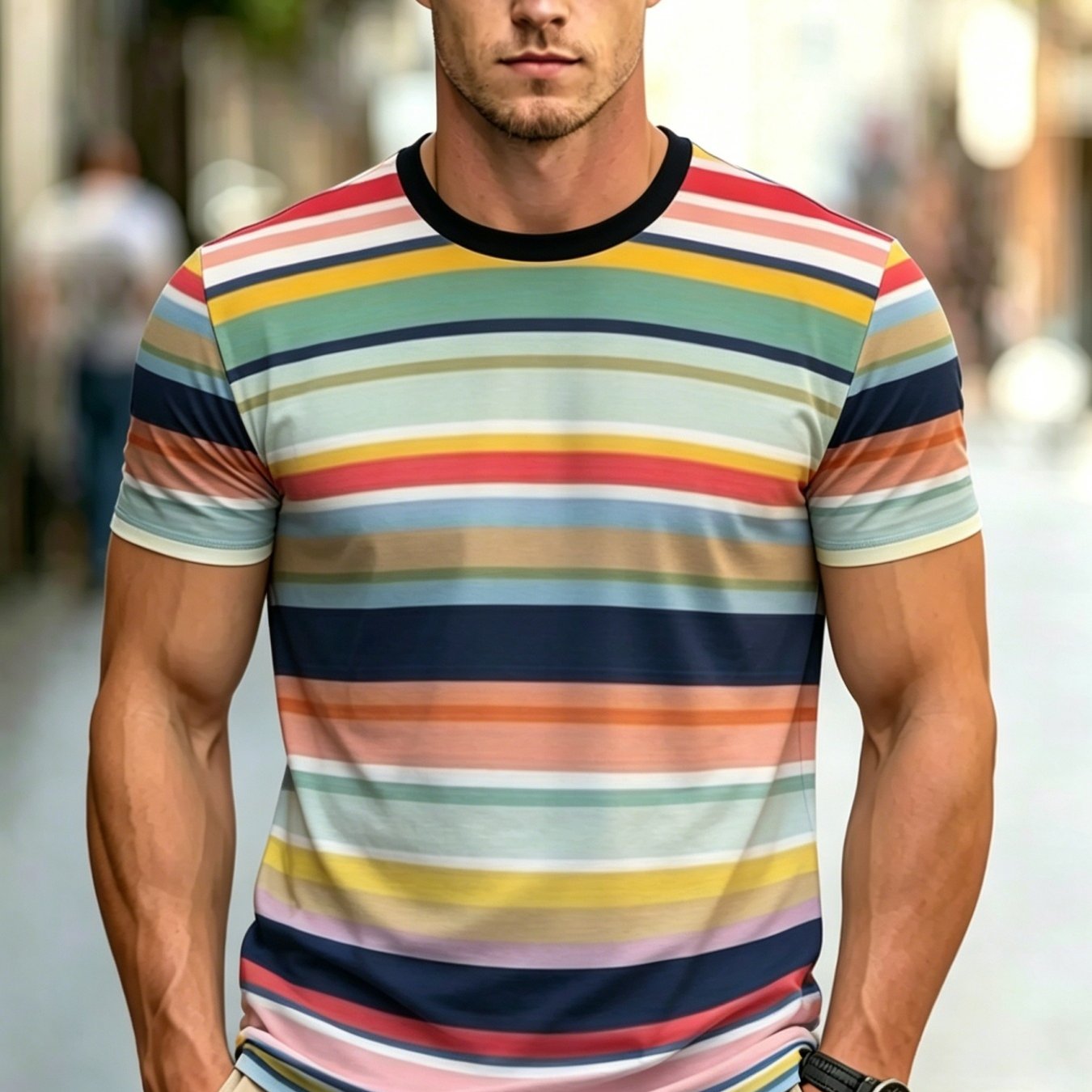 TEMU -style Top With Colorful Stripes, Suitable For Daily Wear And As A Boyfriend Gift, Casual Sporty Style, Machine Washable