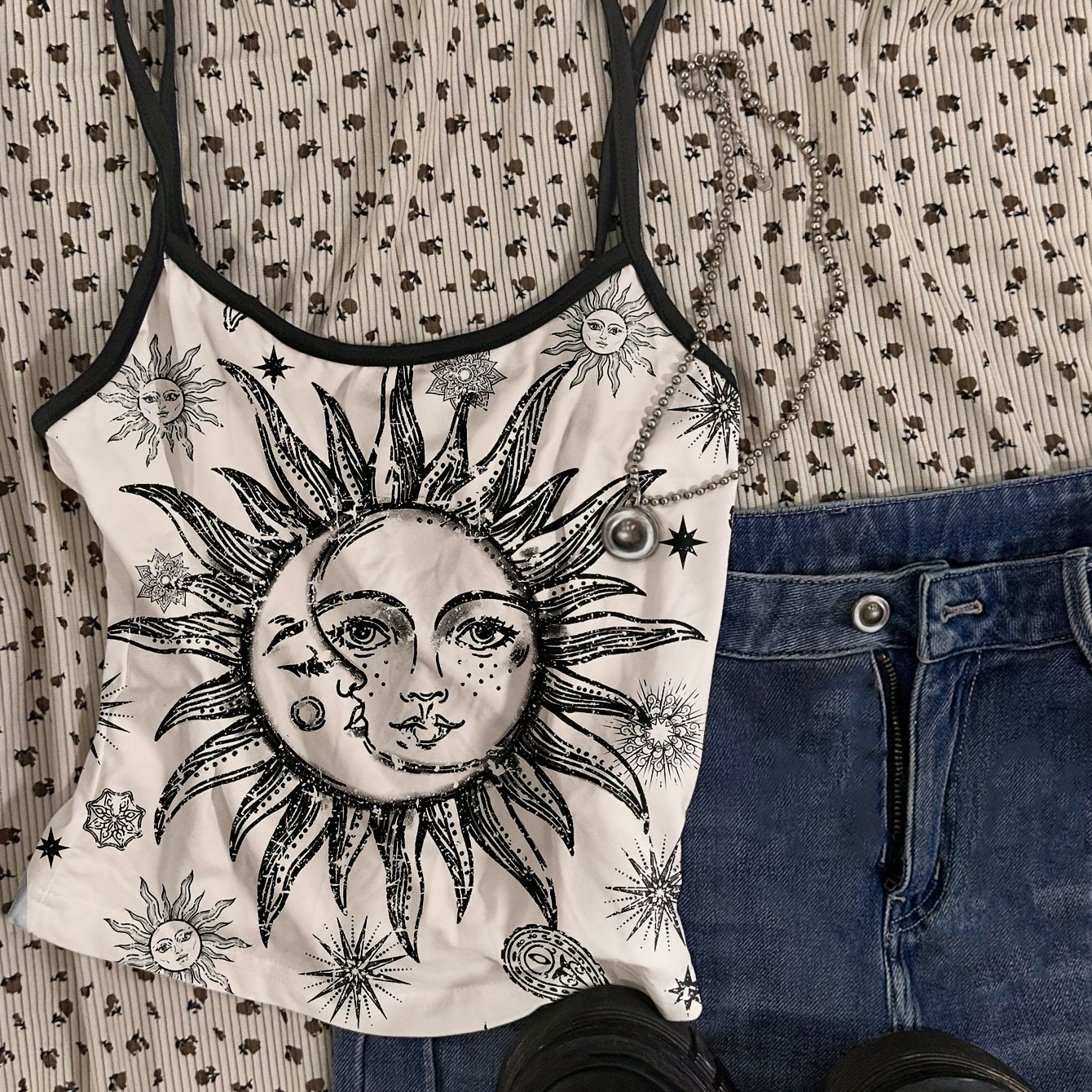 Image of Women's Casual Sexy Camisole With Sun And Moon Pattern Print, Color- Thin Straps, Suitable For Summer And Music Festivals